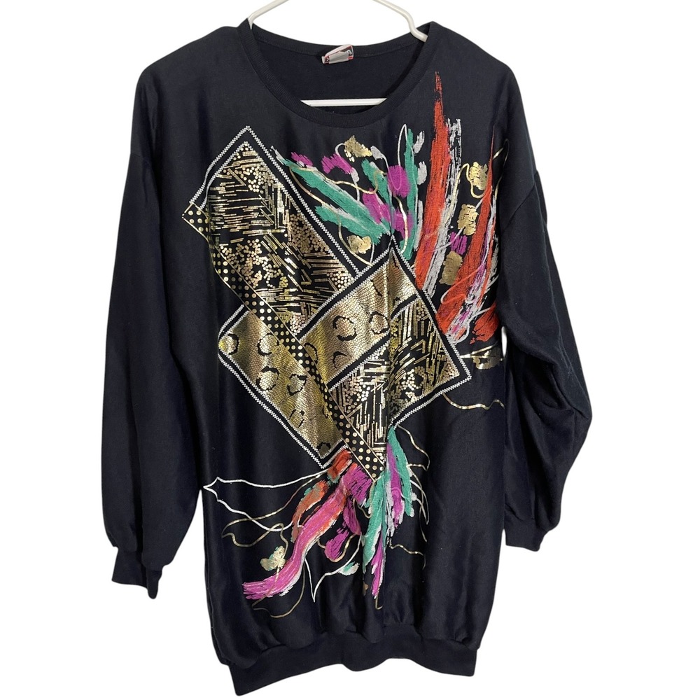 Plumo M Black Sweatshirt Graphic Metallic Gold Abstract 80s‎ Retro Maximalist